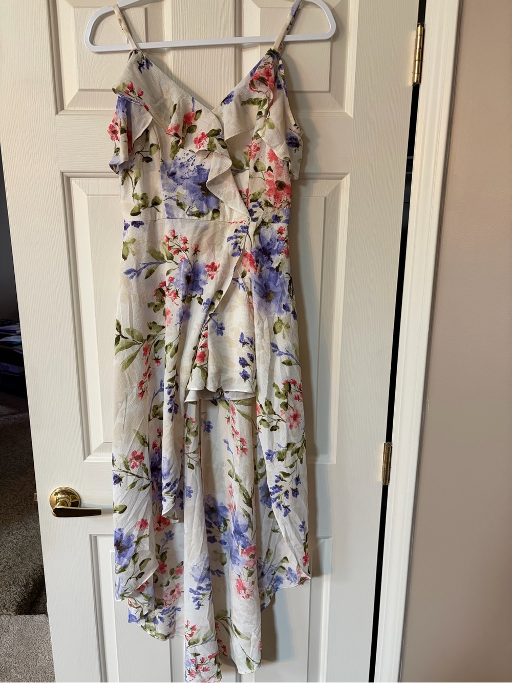 Iz Byer Cream Dress with Blue and Pink Floral Accents